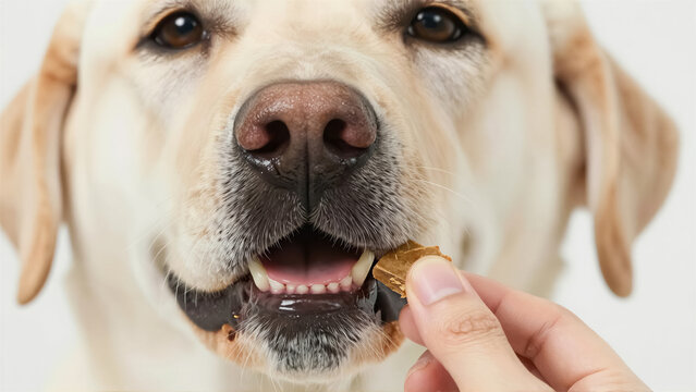 Close-up portrait of a yellow Labrador Retriever eating a treat. Human hand feeding a dog snack to the pet isolated on white background