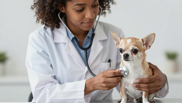A veterinarian examines a small chihuahua dog with a stethoscope in a clinic. Professional medical checkup for a pet in a healthcare setting
