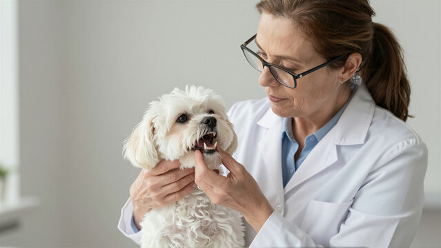 Professional veterinarian examining a cute dog teeth. Female vet performing a dental checkup on a small white Maltese pet in a modern clinic