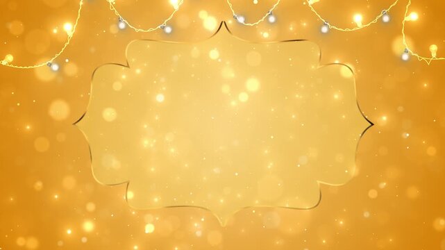 Golden festive frame glows string bulbs, warm bokeh, sparkling dust, spacious copy area. holiday greetings, wedding titles, Diwali wishes, party invitations, celebration promos, event announcements