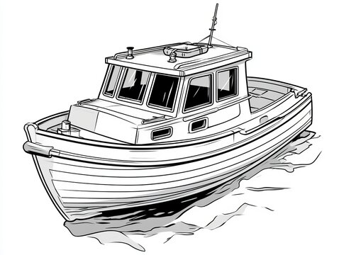 Outline illustration of a small water boat drawn with black clean lines, isolated on white background, isometric vector style nautical transport concept design. 