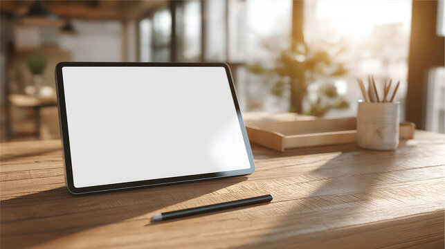tablet mockup on desk with stylus