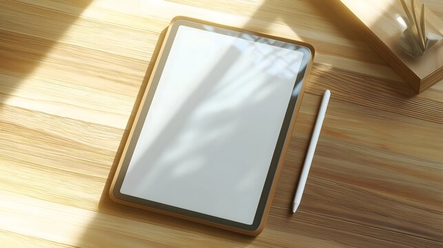 tablet mockup on desk with stylus, natural light
