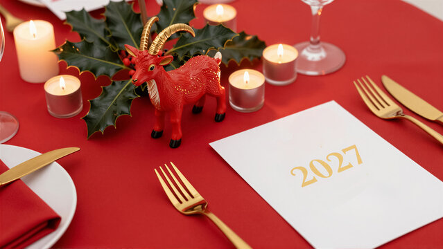 Christmas dinner table setting with red goat ornament. Elegant place setting for a festive celebration featuring a 2027 calendar card