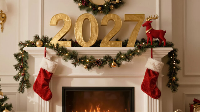 Christmas 2027 mantel decoration. Gold number 2027 above a fireplace with festive stocking and reindeer