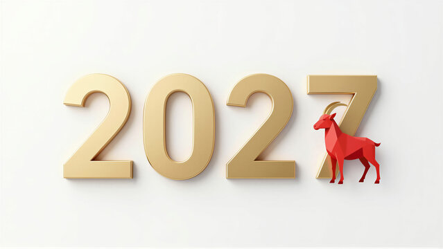 Golden 2027 new year sign with a minimalist red goat figure. Elegant holiday greeting card background with luxury metal texture