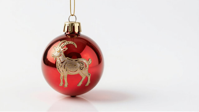 Shiny red Christmas ornament featuring a golden goat symbol. This festive bauble has copy space, perfect for New Year holiday greeting card designs