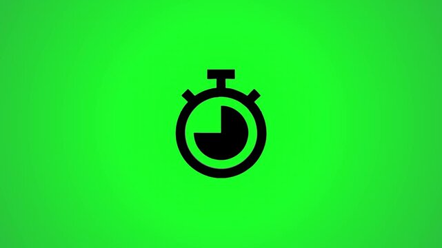 A dynamic 3d animation of a stopwatch icon rotating and transforming into a flat 2d design on a vibrant green screen background.
