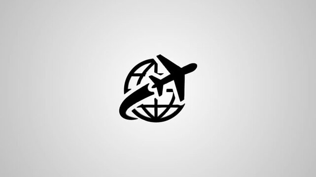 Black airplane flying around globe icon animation against clean white background for travel and logistics concepts.
