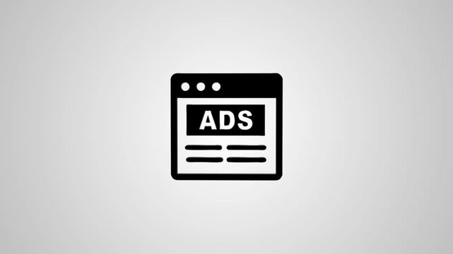Animated browser window icon displaying advertisement symbol on minimalist light background.