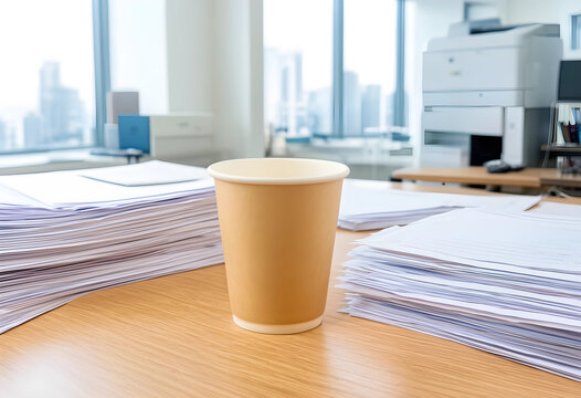 Office workload and paperwork stress, stacks of documents with a disposable coffee cup on a wooden desk in a modern office