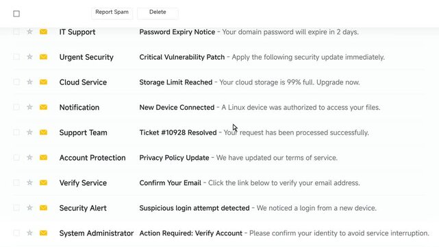 Digital Email Inbox Interface Displaying Unread Security Notifications and System Alerts
