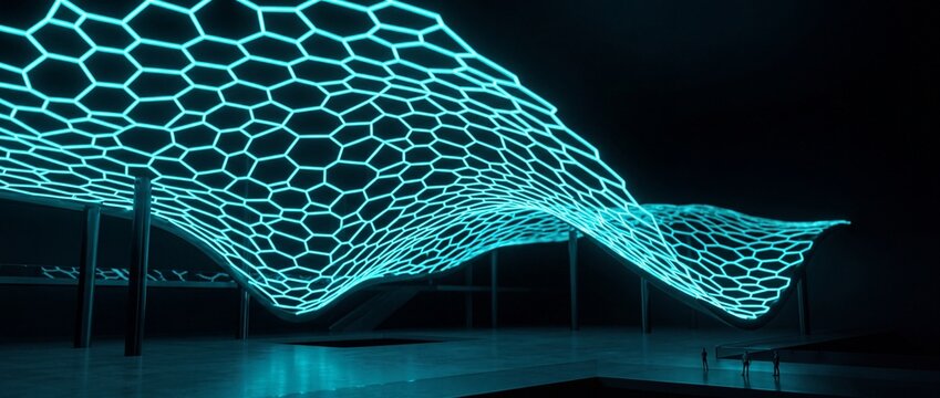 Cyan neon hexagonal mesh canopy curves over dark futuristic space with small silhouettes for architectural visualization and tech concept
