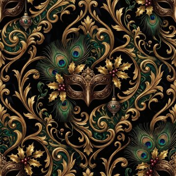 Gothic masquerade seamless pattern with ornate venetian mask, peacock feathers, golden holly leaves, and baroque damask scrollwork