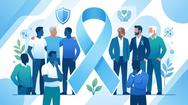 Prostate cancer awareness background featuring blue ribbon symbol and men group