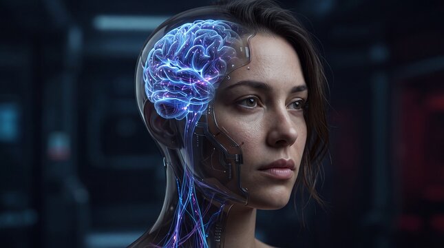 A close-up of a woman with a futuristic, partially transparent head showcasing a neural network.