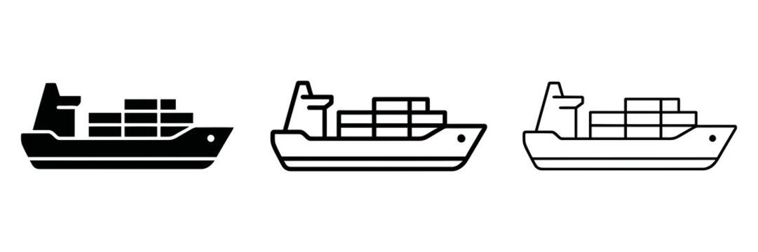 Cargo container ship icon silhouette vector, bold outline and line art isolated illustration