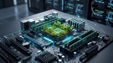 Fototapeta premium A detailed computer motherboard integrated with greenery symbolizes the fusion of technology and nature.