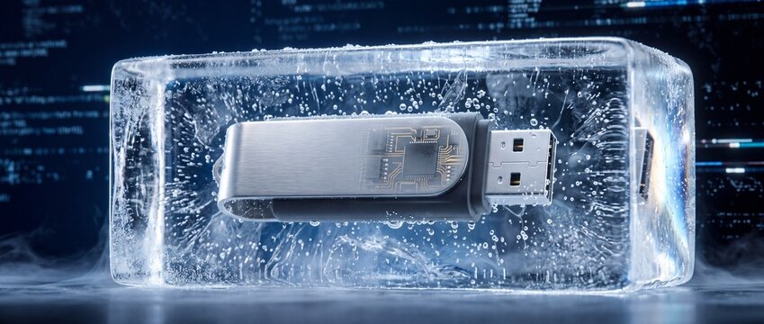 USB flash drive frozen inside solid block of ice representing cold storage data archiving and long term secure information preservation