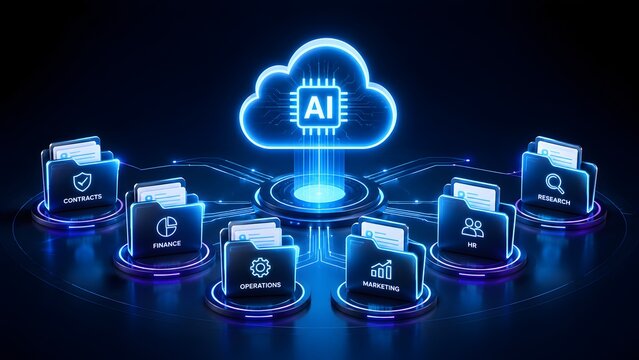 Artificial intelligence cloud computing interface connecting digital folders for finance marketing hr and business operations