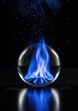 A glowing crystal ball filled with dancing blue flames sits on a dark surface, casting a magical light and ethereal sparks in the air, haze, fortune, mystical