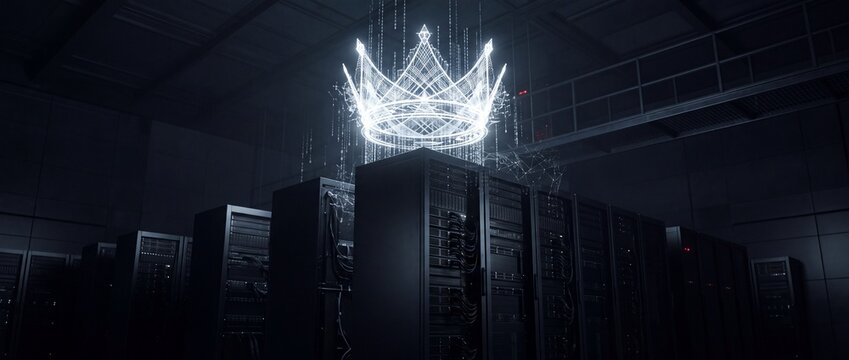 Digital data sovereignty crown glowing with white light above high performance server racks in dark modern industrial data center facility