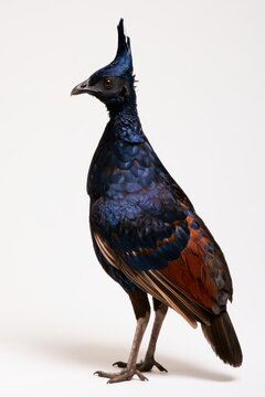 Impeyan Pheasant Display: A striking Impeyan pheasant with iridescent blue plumage, a distinctive crest, and vibrant red accents on its wings stands proudly, showcasing its magnificent beauty.