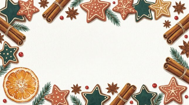 Christmas holiday border with gingerbread cookies cinnamon sticks and dried orange slices festive background