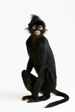 Black Monkey Portrait: A captivating black monkey with distinctive markings and a tufted crest sits calmly, its curious gaze fixed forward, presented in a studio portrait.
