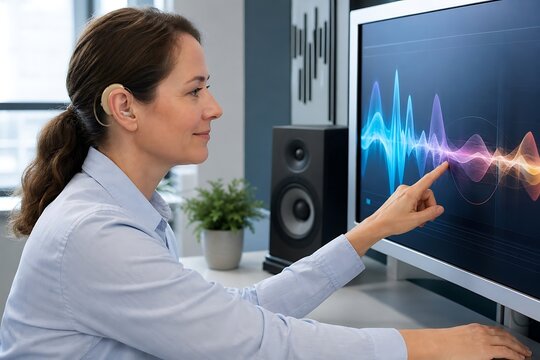 Woman analyzing audio waveform on computer screen in office