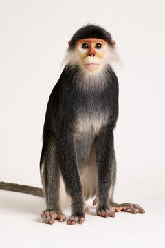 Red-shanked Douc Langur Portrait: A striking red-shanked douc langur, known for its unique coloration and gentle demeanor, is captured in a studio portrait.