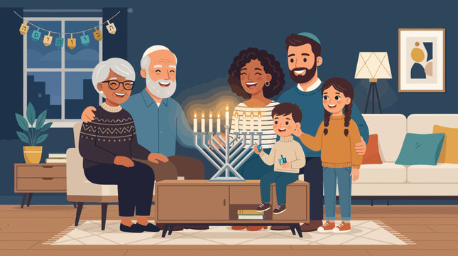 A heartwarming flat design illustration portraying a diverse family celebrating Hanukkah, gathered around a lit menorah in a modern, clean setting. 
