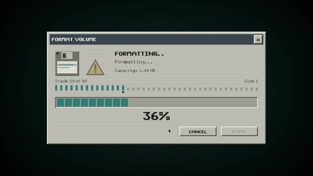 Retro Computer Format Volume Progress Animation, Vintage UI Loading Screen, Pixel Art Style, Formatting Process, Floppy Disk Icon, Computer Graphics, 8-Bit Aesthetic