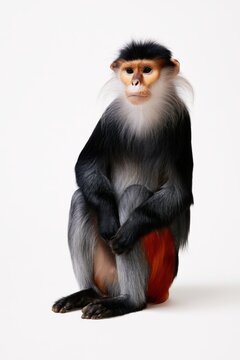 Red-shanked Douc Langur: A strikingly colored red-shanked douc langur sits in a relaxed pose, showcasing its unique facial features and vibrant fur.