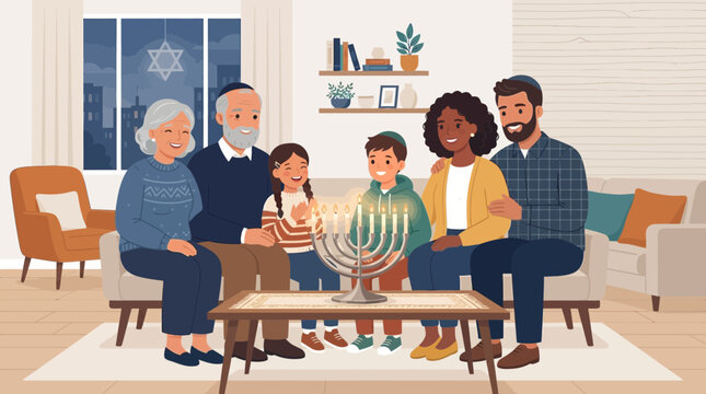 A heartwarming flat design illustration portraying a diverse family celebrating Hanukkah, gathered around a lit menorah in a modern, clean setting. 