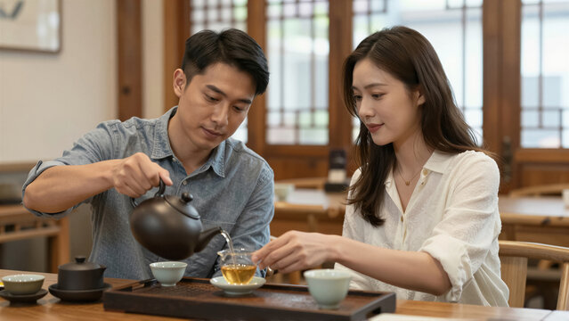 Asian couple enjoys a mindful tea ceremony, pouring hot beverage in a traditional tea house setting. This calm cultural experience promotes relaxation and connection