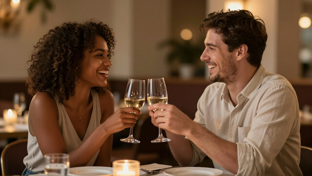 Happy interracial couple sharing a romantic dinner at a luxury restaurant. They toast with wine in a warm, candlelit setting during a special date night