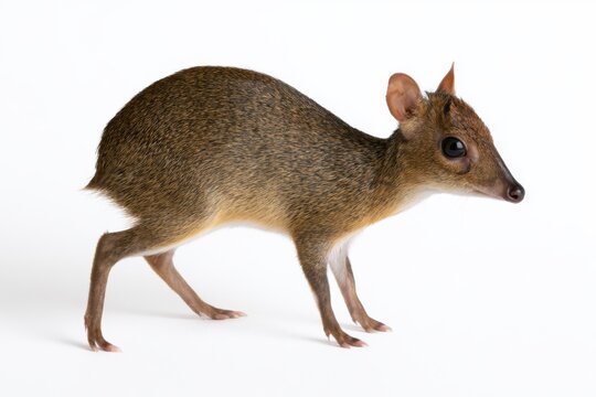 Mouse Deer Curiosity: A small mouse deer stands alert on a white background, its large eyes and pointed ears conveying a sense of gentle curiosity.