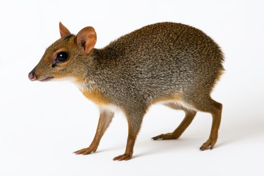 Small African Mouse Deer Standing Still: A tiny African mouse deer, also known as a royal antelope, stands alertly on its slender legs. Its brown fur, white belly.