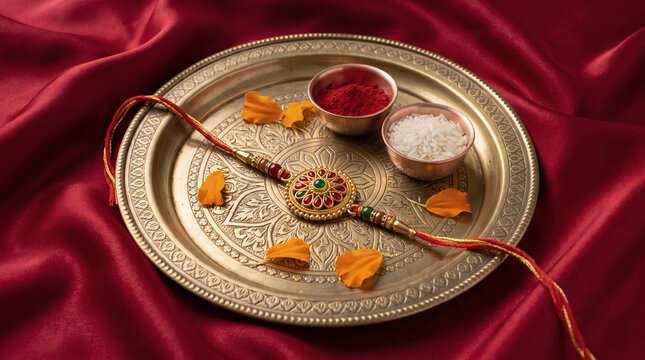 Traditional Raksha Bandhan Puja Thali with Embellished Golden Rakhi, Kumkum, Rice, and Marigold Petals on Red Silk