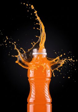 A sleek bottle of vibrant orange vitamin infused sports drink explodes with a dynamic splash of liquid droplets against a dark background, power, spray, wet