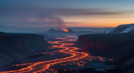 Fototapeta premium A vast volcanic valley at twilight with distant rivers of glowing orange lava flowing between dark basalt cliffs under a hazy smoky sky, hazardous, phenomenon, nature