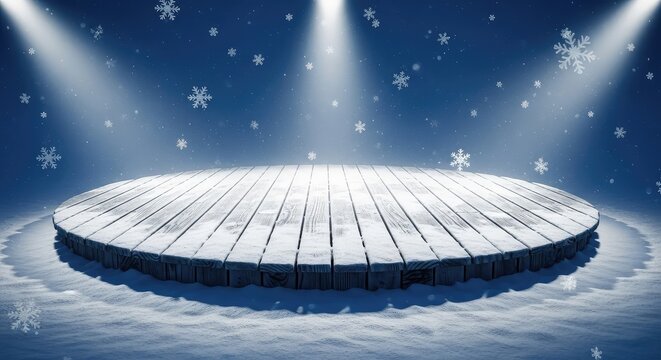 A wooden outdoor stage covered in fresh white snow during a quiet winter night with bright spotlights and softly falling snowflakes around, chill, vista, planks