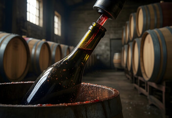 Naklejka premium Wine production and winemaking process, red wine pouring into a bottle in a traditional cellar with oak barrels