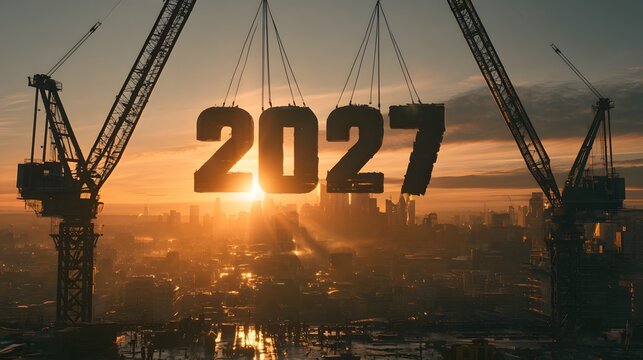 Future Progress: The year 2027 is brought into view with two towering cranes lifting the numbers above a bustling city skyline at sunset, symbolizing progress and the future.