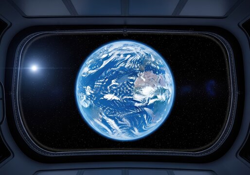 Breathtaking view of a vibrant blue planet seen through the curved window of a high-tech space station floating in the dark void of space, station, universe, astronomy