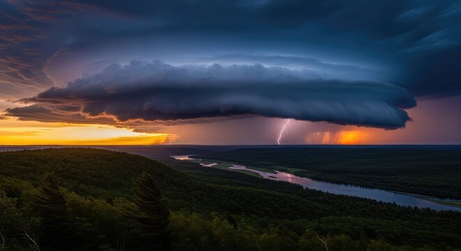 Dark heavy clouds gather over a vast wilderness as a powerful storm rolls across the horizon with dramatic lighting and intense atmosphere, dusk, environment, atmospheric