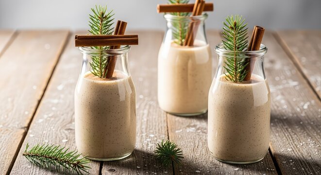 Creamy holiday coquito served in elegant glass bottles with cinnamon sticks and fresh pine needles on a rustic winter wooden table setting, seasonal, glass, cold