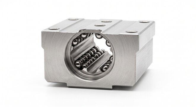 Macro of a bare steel linear guide block carriage with chromium ball bearings. Precision motion control hardware for CNC machining and industrial automation, isolated on white background.
