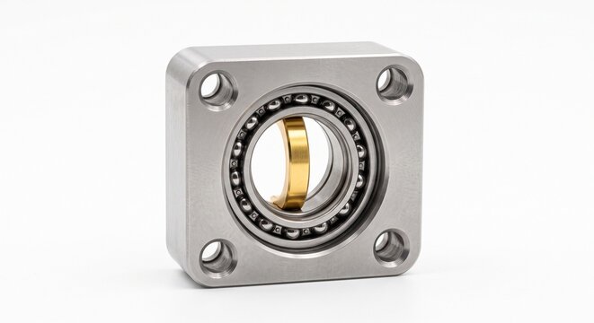 Precision ball screw end support bearing block. Features micro-machined steel housing, angular contact bearings, and gold-plated preload spacer. CNC motion control hardware isolated on white.